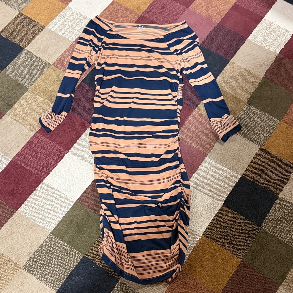 Sofia by Sofia Vergara Navy and Tan Striped Long Sleeve Dress
